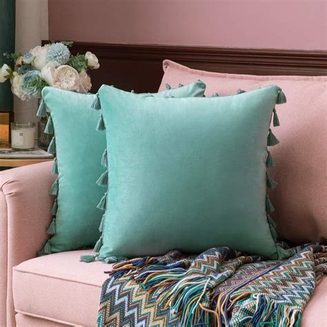 Miulee Aqua Green Throw Pillow Cover With Tassels Fringe Velvet Soft