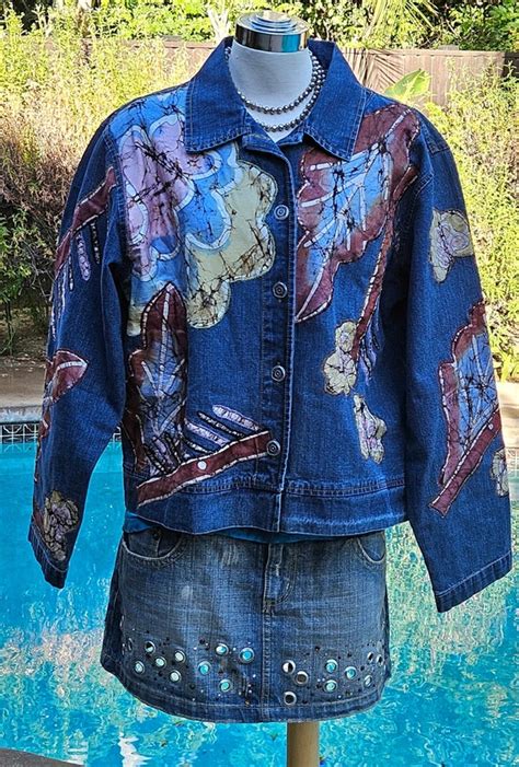 Vintage Chico S Design Denim Jacket With Silk Batik F Gem