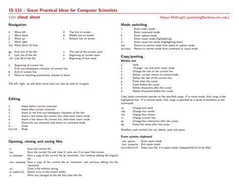 Vim Cheat Sheet - Allison Mcknight Download Printable PDF | Templateroller