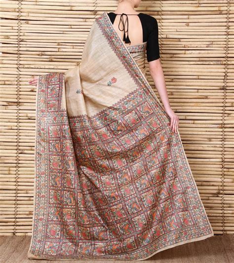 Beige Madhubani Handpainted Tussar Silk Saree Elegant Saree Saree