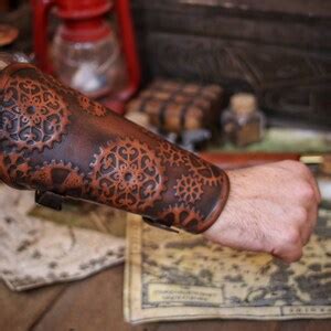 Steampunk Gears Leather Bracer Embossed Vambrace With Buckles For Larps