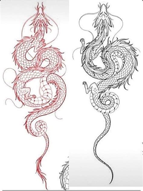 Two Dragon Tattoos On White Paper With Red Ink