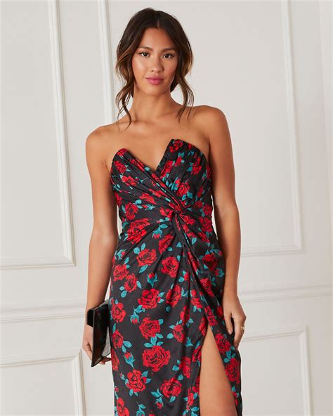 Lovestruck Satin Strapless Floral Midi Dress Vici