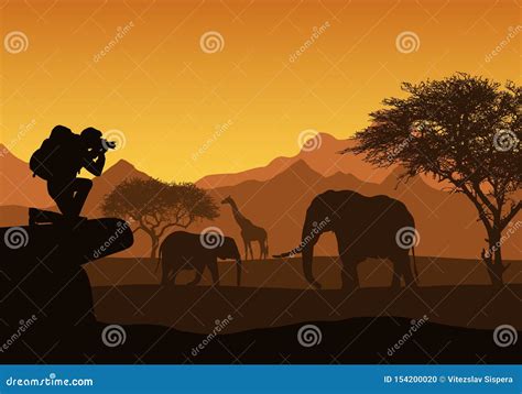 Realistische Illustratie Van Afrikaanse Safari Met Berglandschap Bomen