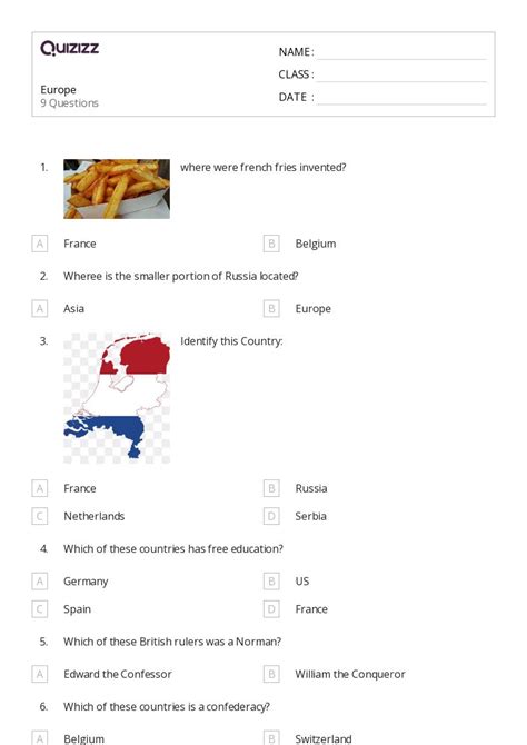 50 Countries In Europe Worksheets For 7th Class On Quizizz Free