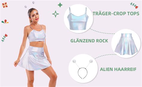 Alien Kost M Damen Sexy Metallic Crop Top Gl Nzend Pleated Rock