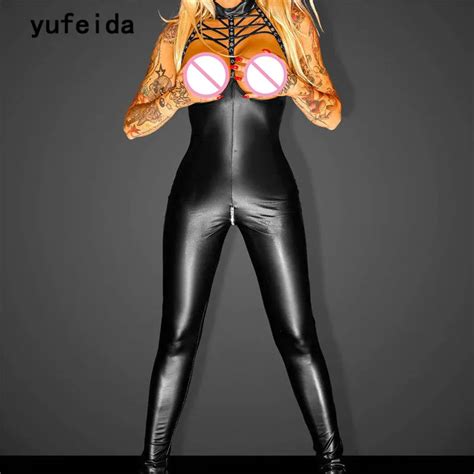 Yufeida Sexy Women Faux Leather Black Bodysuit Black Open Crotch Erotic