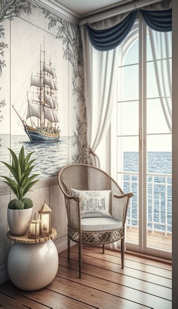 Premium AI Image | nautical and coastal wallpaper in balcony on an ...