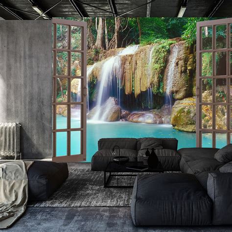 Open Window Jungle Waterfall Art Print Photomural Wallpaper Mural Easy Install Removeable Peel