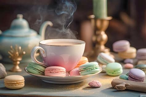 Premium AI Image Macarons With Cup Of Tea Ai Generated