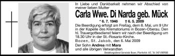 Traueranzeigen Von Carla Di Narda Trauer Bz