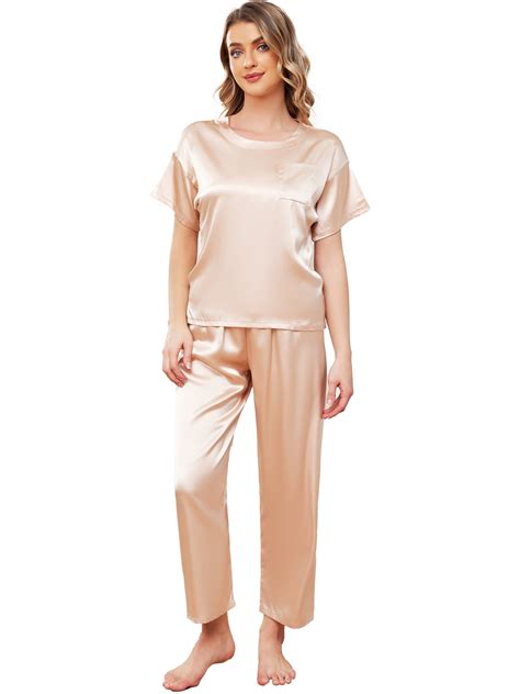 QRIC Womens Silk Satin Pajamas Set Short Sleeve Shirt With Long Pajama