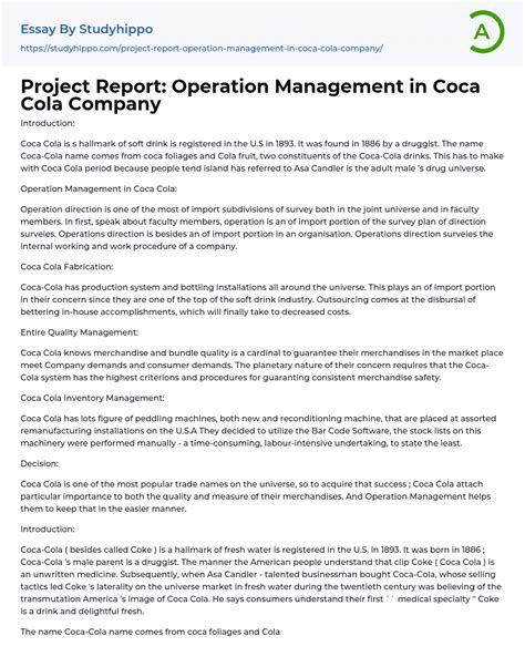 Project Report Operation Management In Coca Cola Company Essay Example