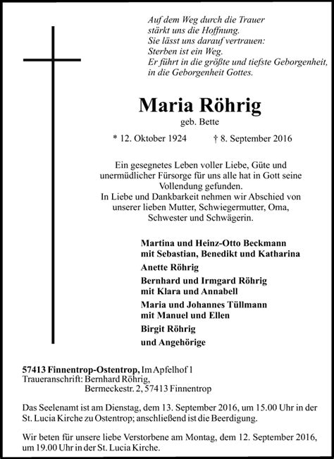 Traueranzeigen Von Maria R Hrig Trauer In Nrw De