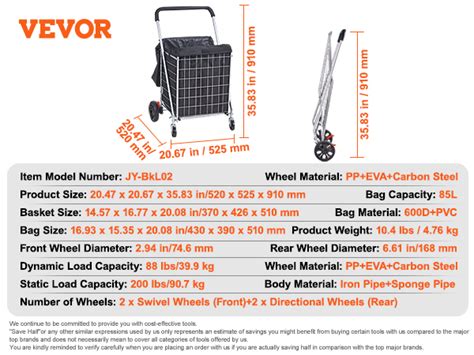 Vevor Chariot De Courses Pliable Capacit De Charge Maximale Kg