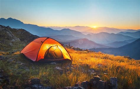 Tourist Tent Camping in Mountains at Sunset Stock Photo - Image of ...