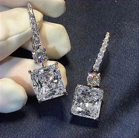 4 50Ct Princess Cut D VVS1 Diamond Drop Dangle Earrings 18K White Gold