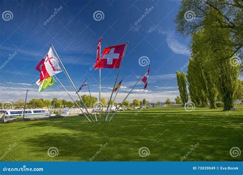 Swiss And Cantonal Flags In The Centre Of Park In Kreuzlingen Wi Stock