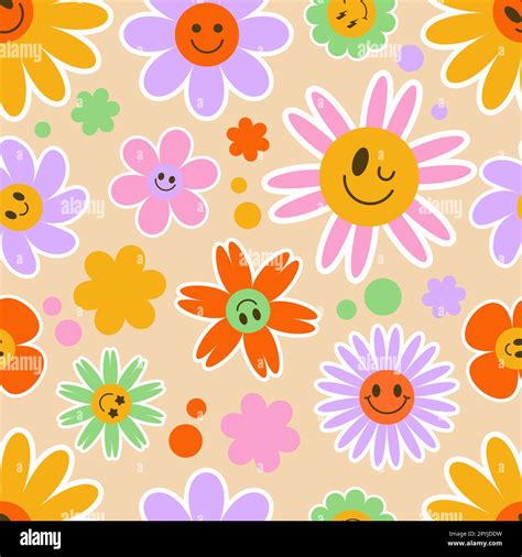 Groovy Flower Seamless Pattern Y2k Floral Smile Background Cartoon