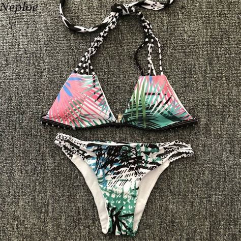 Neploe New Printed Leaves Women Bikini Set Bandage Lace Up Sexy