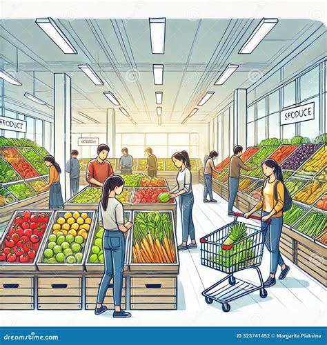 Vibrant Supermarket Produce Section With Shoppers Ai Generated Cartoon