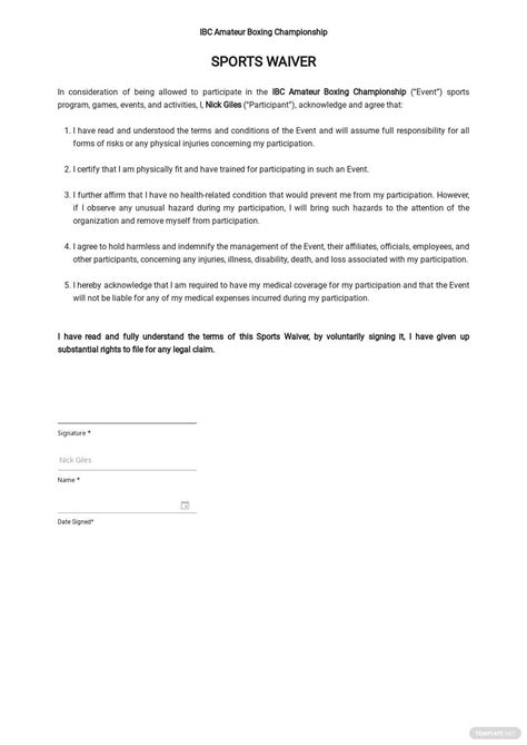 Sports Waiver Template