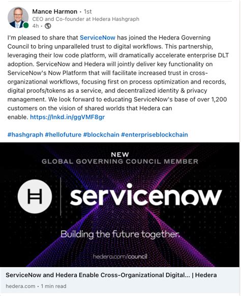 Servicenow Joins Governing Council R Hedera