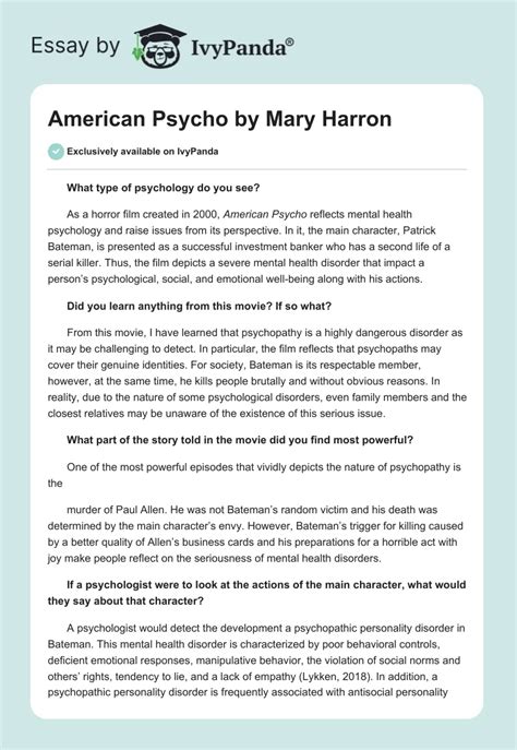 American Psycho By Mary Harron 450 Words Essay Example