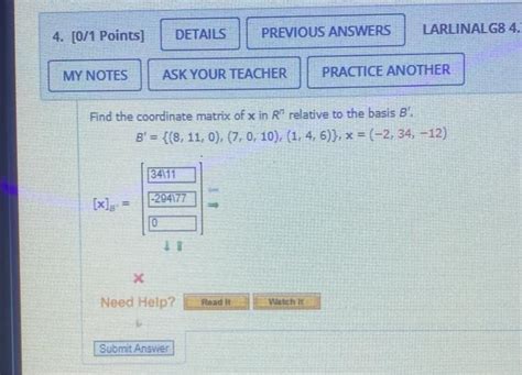 Solved Find The Coordinate Matrix Of X In Rn Relative To The