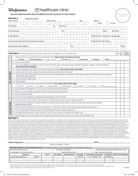 Walgreens Printable Vaccine Consent Form Printable Forms Free Online