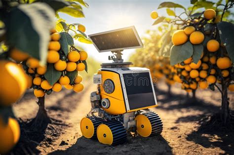 Solar Powered Robot Harvesting Fruits On A Futuristic Farm With