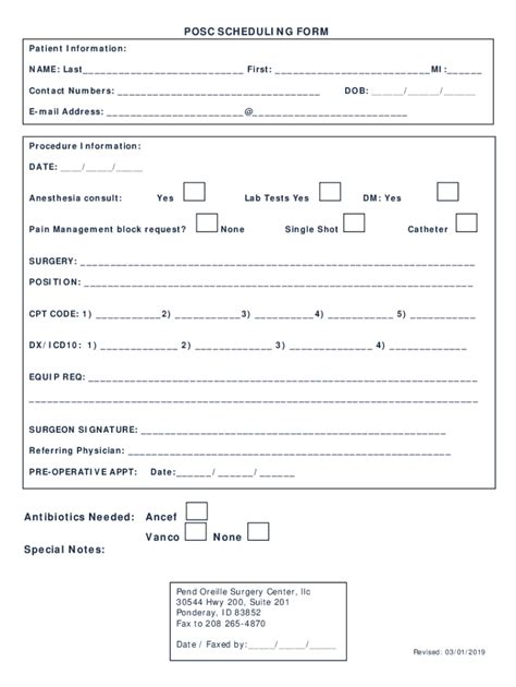 Fillable Online POSC SCHEDULING FORM Pend Oreille Surgery Center Fax