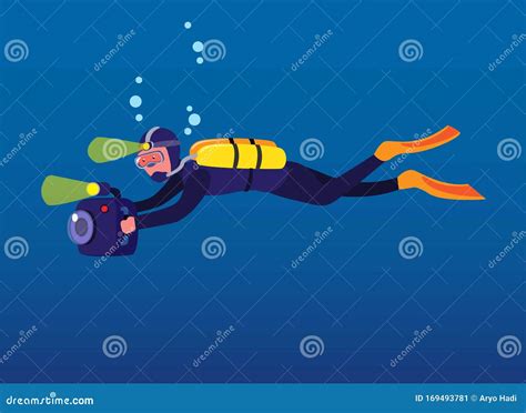 Man Scuba Diving Holding Camera Cameraman Recording Under Water In