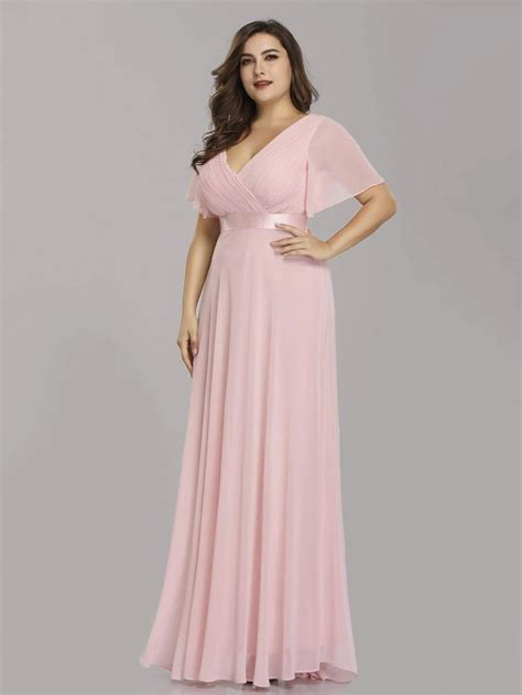 Plus Size Empire Waist V Back Bridesmaid Dress With Short Sleeves