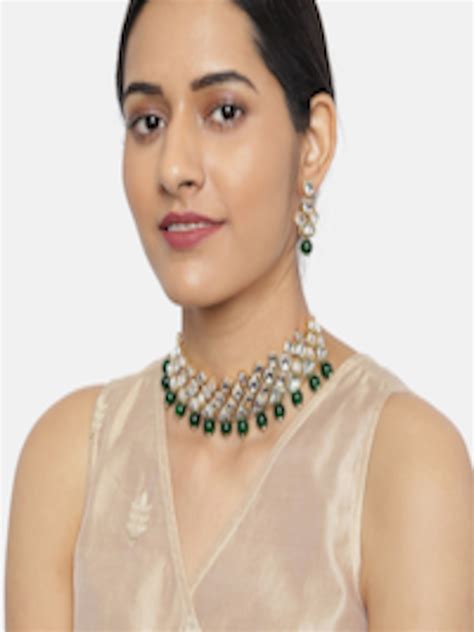 Buy Zaveri Pearls Gold Toned Green Beads Kundan Studded Choker