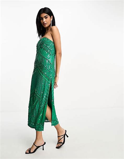 Asos Design Embellished Ergonomic Bandeau Midi Dress In Green Asos