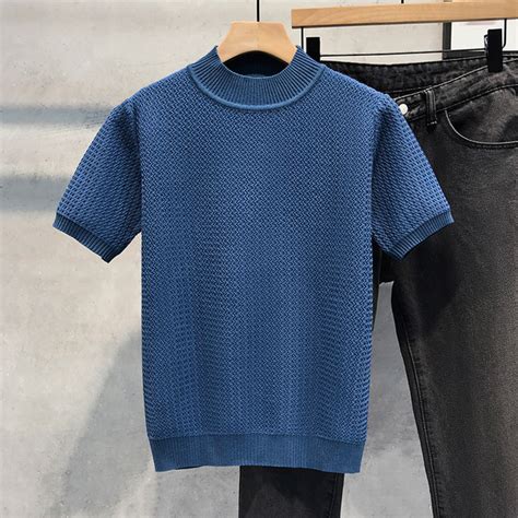 Summer Men S Short Sleeved Sweaters Half Turtleneck Solid Color