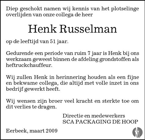 Hendrik Pieter Willem Henk Russelman Overlijdensbericht En