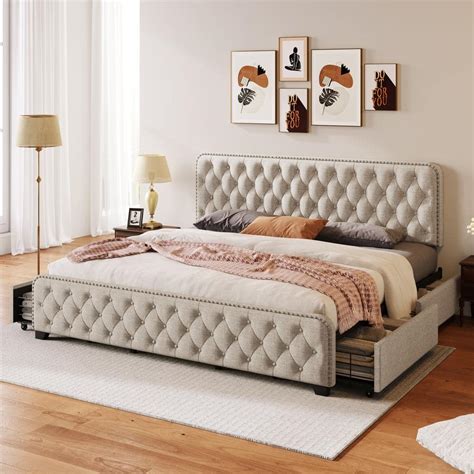 Harper & Bright Designs Beige Metal Frame King Size Button Tufted Nailhead Upholstered Platform ...