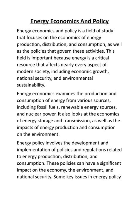 Energy Economics And Policy Energy Economics And Policy Energy