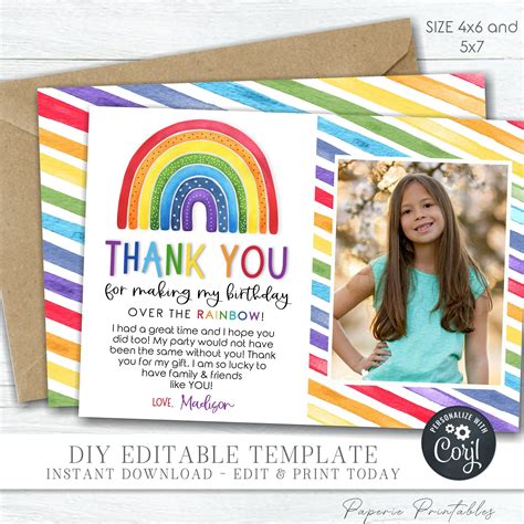 Editable Rainbow Birthday Party Thank You Card Birthday Thank You Card Rainbow Birthday Party