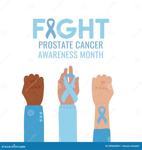 Prostate Cancer Awareness Month Light Blue Cancer Ribbon On Raised Fists Fight Phrase Stock