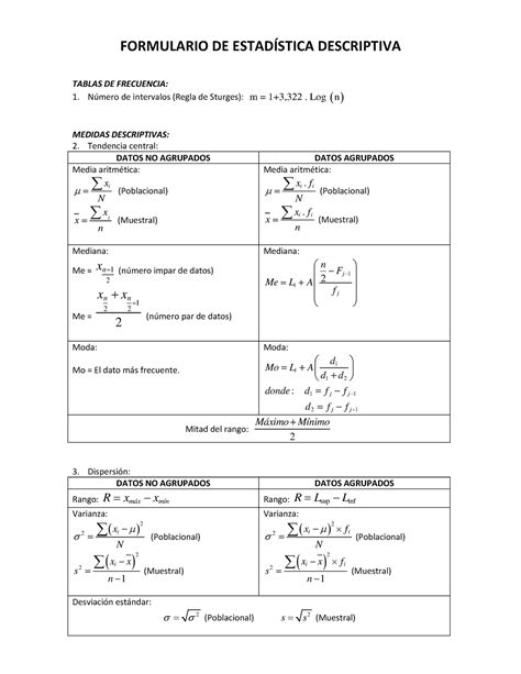 Formulario De Estadistica Iestadistica Descriptivauniversidad Central Formulario De