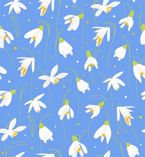 Snowdrops Flower Vector Seamless Pattern On Blue Background Spring