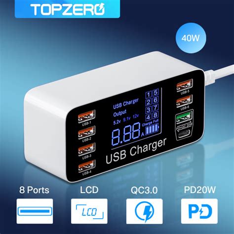 TOPZERO 40W/60W 8 Ports QC3.0 Fast Charger Type C USB Charger Station ...