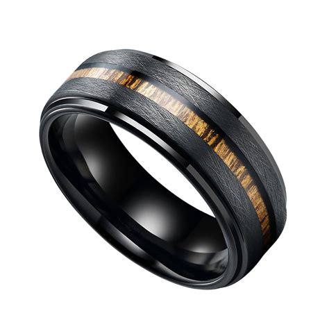 8mm Black Tungsten Wedding Band With Real Wood Inlay| RingMen Jewelry