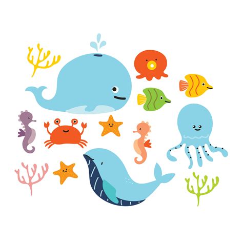 hand drawing cartoon sea creatures sticker set 6328138 Vector Art at ...