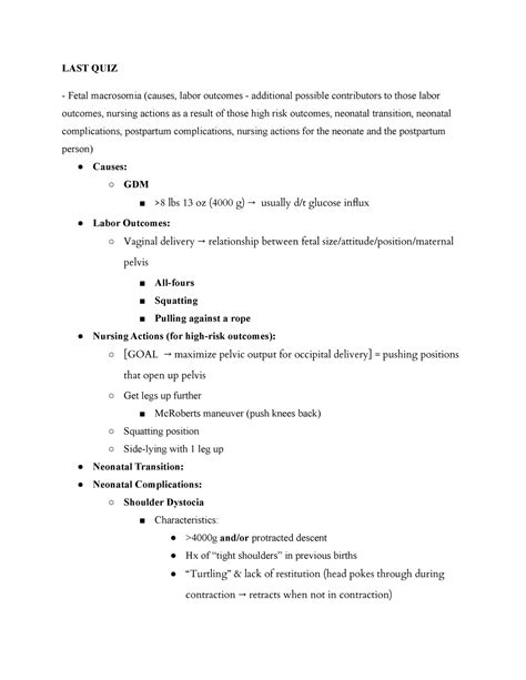 Quiz 5 Study Guide Obstetrics Nursing Course Notes Fall 2022 For