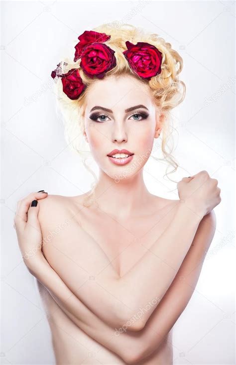 Hairstyle Beautiful Sexy Female Art Portrait With Roses Elegance Genuine Natural Blonde Bride