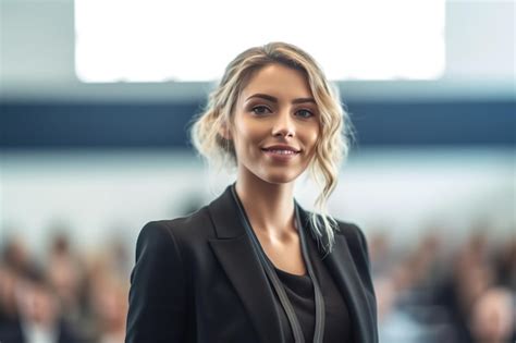 Premium Photo Confident Blonde Businesswoman Is Presenting At A Conference In A Modern White